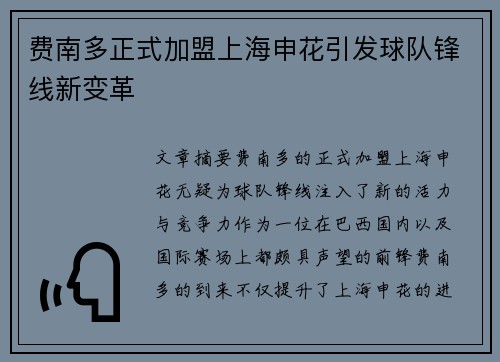 费南多正式加盟上海申花引发球队锋线新变革