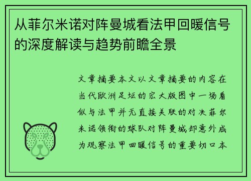 从菲尔米诺对阵曼城看法甲回暖信号的深度解读与趋势前瞻全景