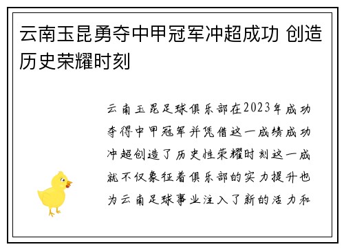 云南玉昆勇夺中甲冠军冲超成功 创造历史荣耀时刻